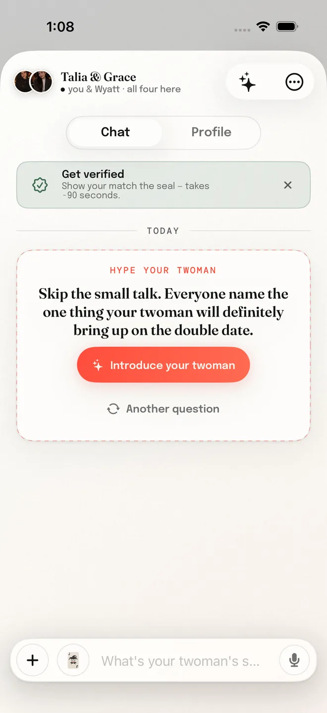 A Twoman chat for all four, with Talia and Grace, opening on a Hype your twoman prompt.