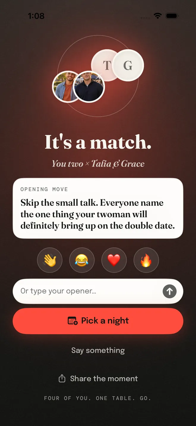 The match screen in Twoman: It's a match, you two and Talia and Grace, with an opening move and a Pick a night button.