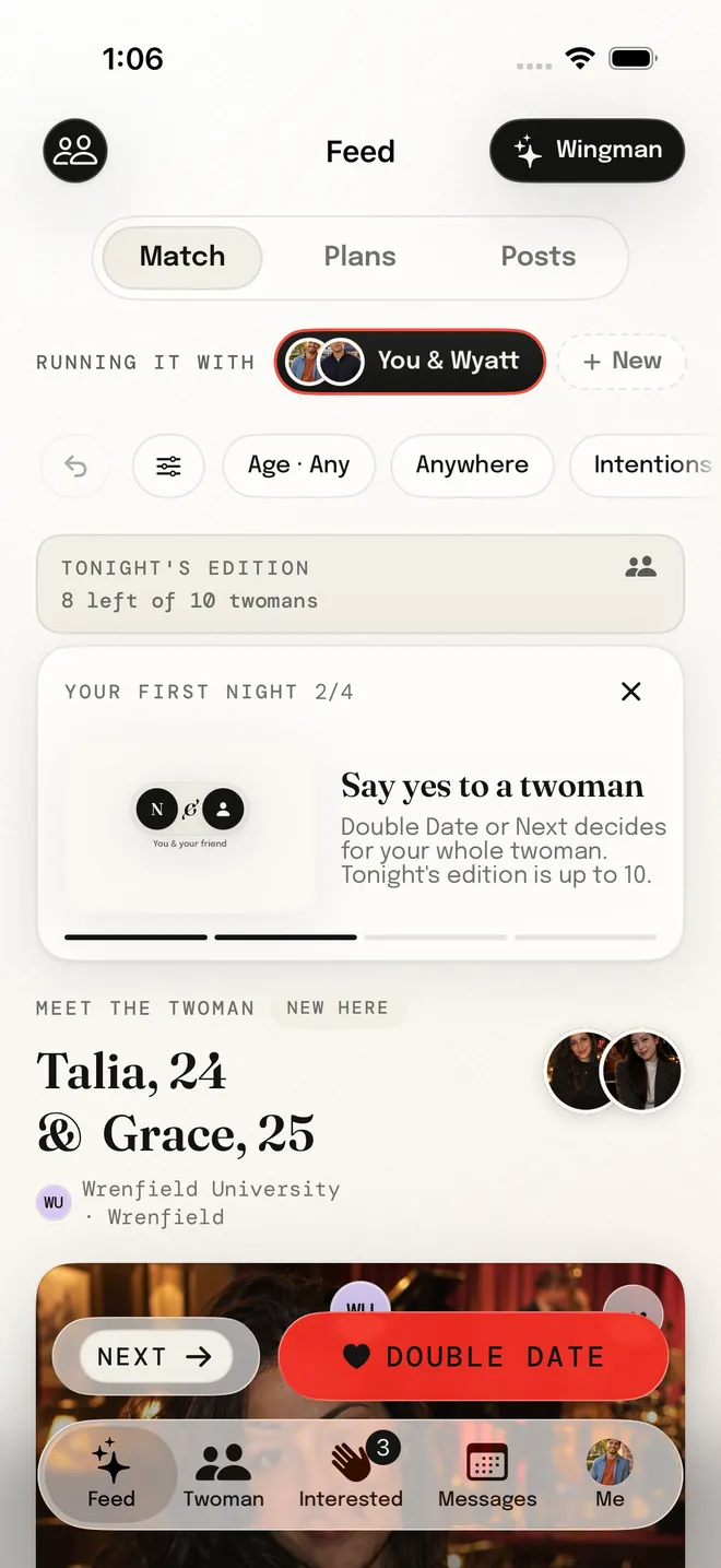 The Twoman Feed: tonight's edition shows Talia, 24, and Grace, 25, with a Next button and a Double date button.