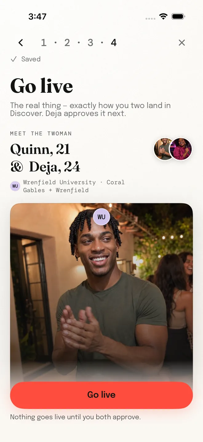 The Go live screen in Twoman: Quinn, 21, and Deja, 24, check their twoman before it goes live. Nothing goes live until both approve.