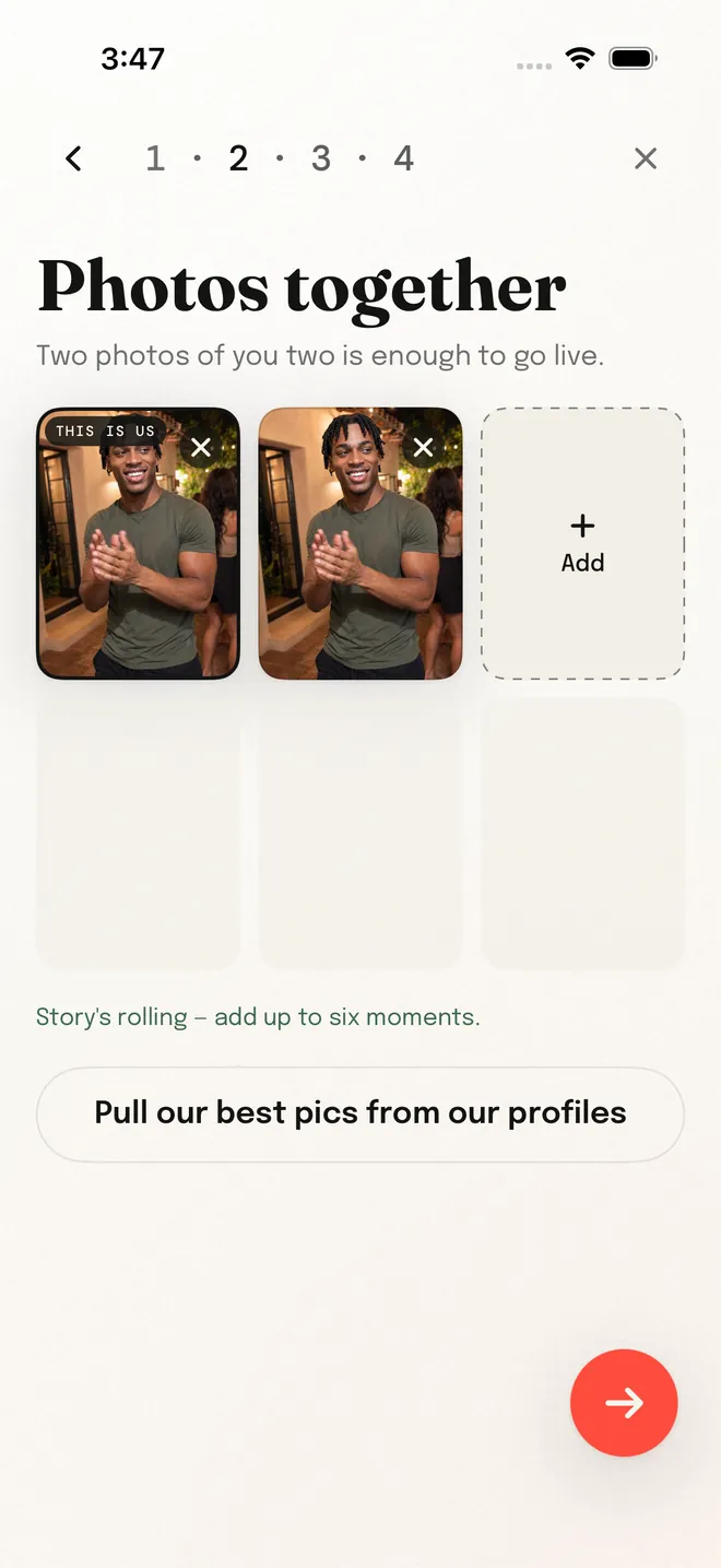 The Photos together step in Twoman: two photos of the pair are enough to go live.